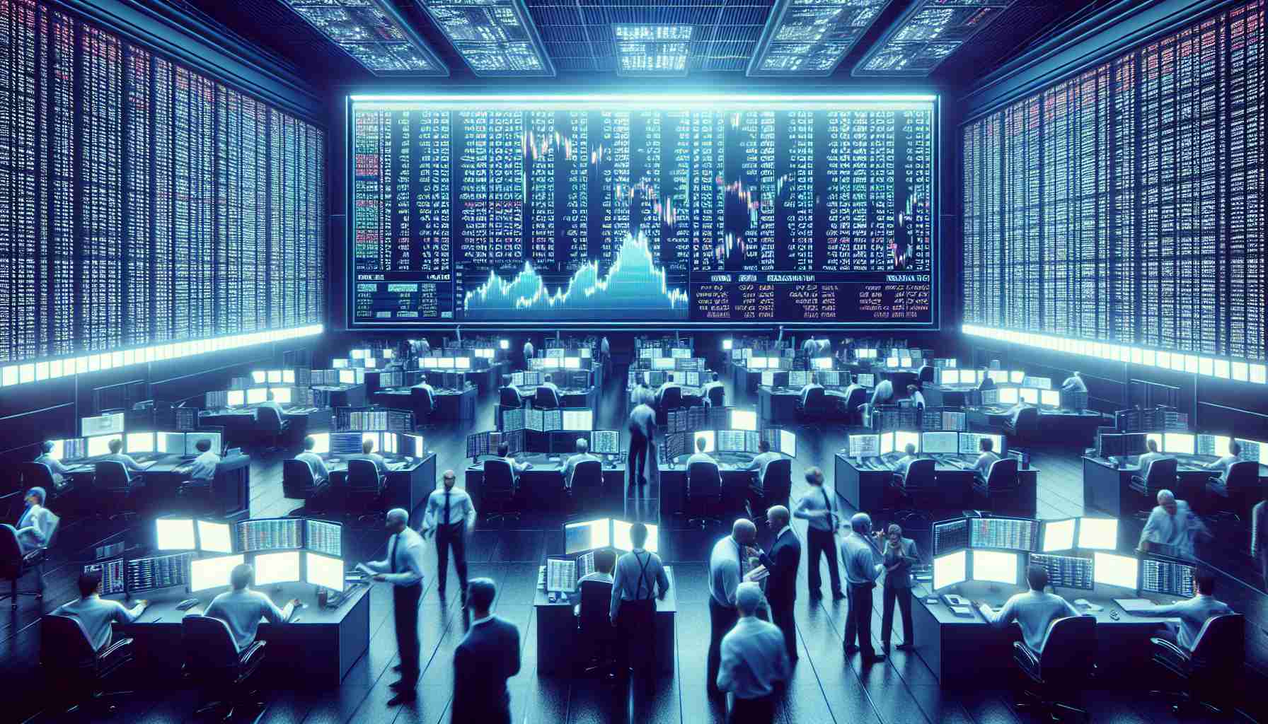 Generate a hyper-realistic HD image displaying the behind-the-scenes operations of a stock exchange. The scene should include multiple dynamic components such as a large electronic board showing changing stock prices, brokers of various descents engaging in conversations, and high-speed computers processing voluminous data. Capture the intensity, high stakes, and rapid pace that are inherent to these financial powerhouses.