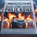 Realistic High Definition image of a fictional newspaper headline reading, 'Shocking News: Major Automobile Manufacturer's SUVs Pose Fire Risk'