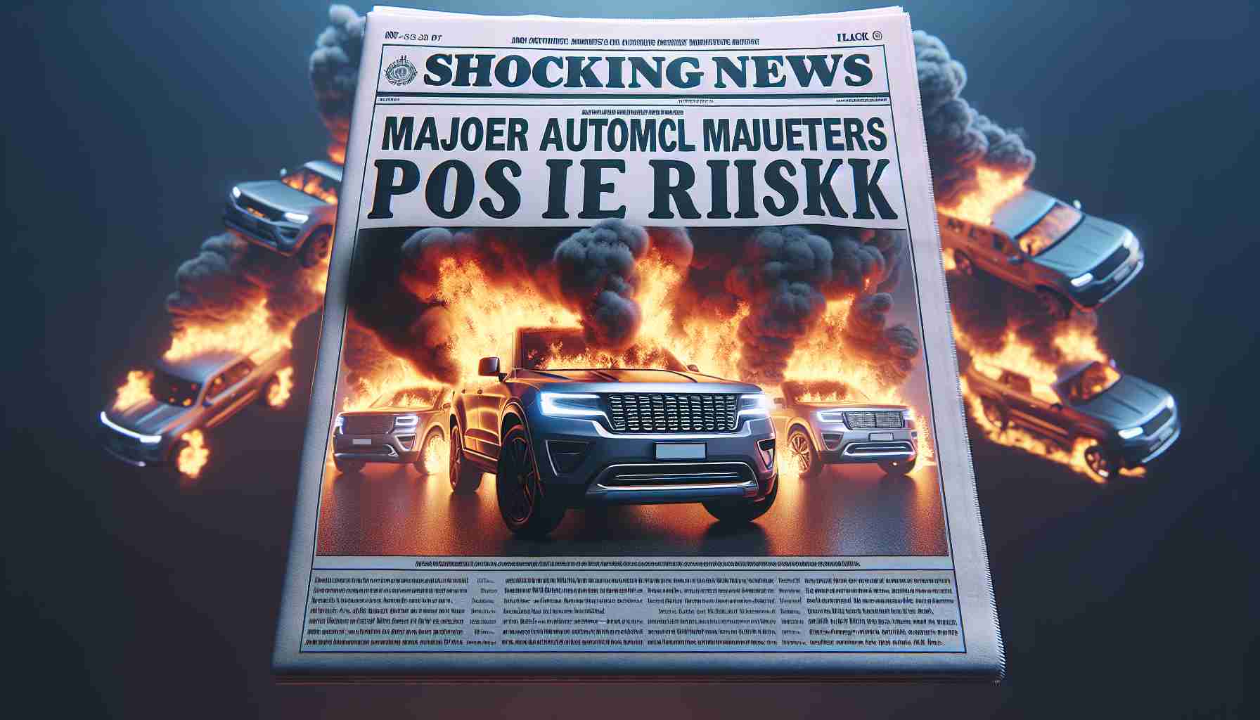 Realistic High Definition image of a fictional newspaper headline reading, 'Shocking News: Major Automobile Manufacturer's SUVs Pose Fire Risk'