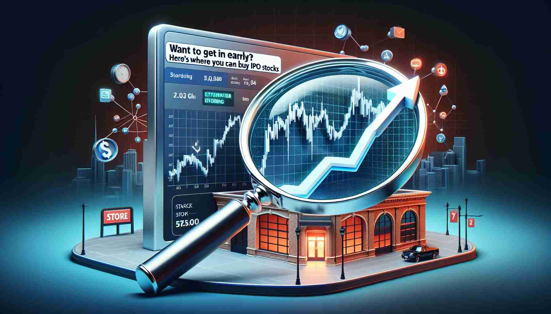 Realistic high-definition image of a conceptual depiction representing the phrase 'Want to Get in Early? Here’s Where You Can Buy IPO Stocks'. This can be represented by a stock chart showing a dramatically rising curve (indicating an Initial Public Offering's growth), a magnifying glass hovering over it (indicating scrutiny and early investment), and a storefront or an online marketplace in the background (indicating the place to buy these stocks). All elements should be presented in a clear and precise fashion.