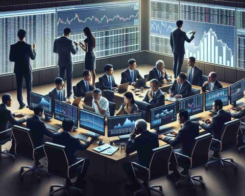 Create a high-definition, realistic image symbolizing investors making significant decisions on major energy stocks. The scene should depict a range of investors of varying descents such as Asian, Hispanic, and African. Some of them are intently studying analytics on computer screens and making trades, while others are conducting discussions in a meeting room with a large display showing the energy market trends. One investor is secretly taking notes, indicating information they're not sharing with everyone.