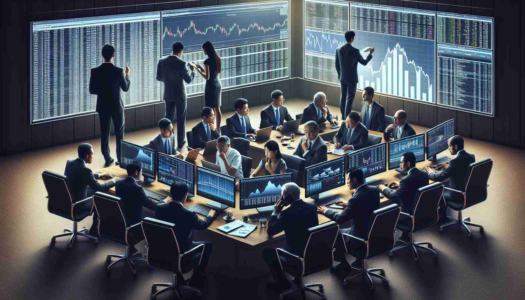 Create a high-definition, realistic image symbolizing investors making significant decisions on major energy stocks. The scene should depict a range of investors of varying descents such as Asian, Hispanic, and African. Some of them are intently studying analytics on computer screens and making trades, while others are conducting discussions in a meeting room with a large display showing the energy market trends. One investor is secretly taking notes, indicating information they're not sharing with everyone.