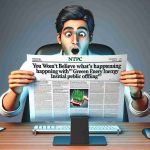 A realistic, high-definition illustration of an article headline stating, 'You Won't Believe What's Happening with NTPC's Green Energy Initial Public Offering (IPO)'. The image should depict a surprised look on a person's face, indicative of disbelief or astonishment upon reading the headline. Please include a computer or mobile device displaying the headline in the frame. The person could be of any descent and gender.