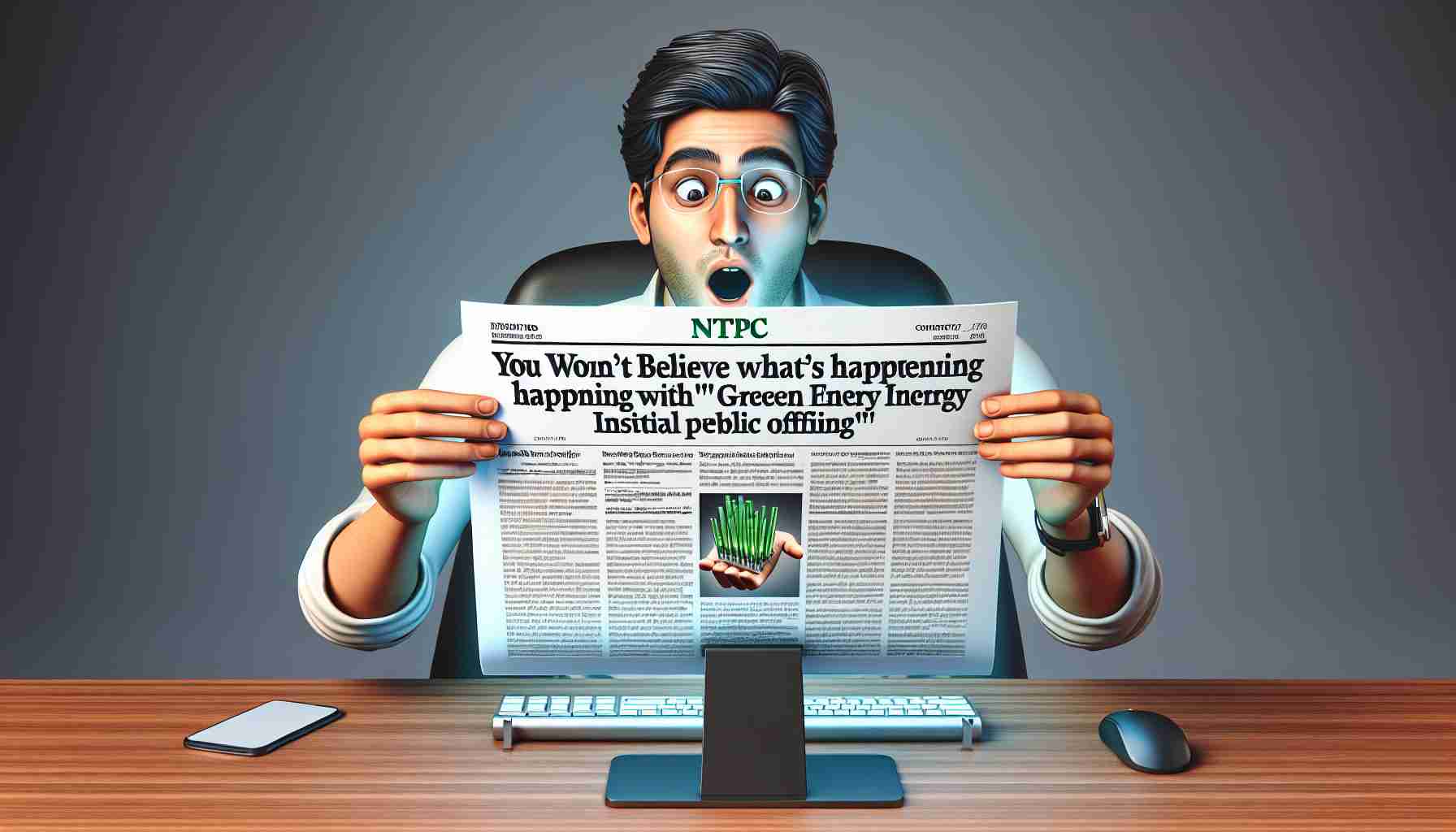 A realistic, high-definition illustration of an article headline stating, 'You Won't Believe What's Happening with NTPC's Green Energy Initial Public Offering (IPO)'. The image should depict a surprised look on a person's face, indicative of disbelief or astonishment upon reading the headline. Please include a computer or mobile device displaying the headline in the frame. The person could be of any descent and gender.