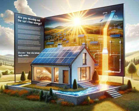 A high-definition, realistic presentation showcasing the sun's rays hitting a solar panel on the rooftop of a modern house, situated in a vibrant countryside landscape. The rays can be seen transforming into flowing electricity. Close by, an informational sign is visible, enlightening viewers on the mechanism of solar power generation, from the collection of sunlight to conversion into usable energy. The theme behind the image seems to question - Are You Missing Out on the Sun's Free Energy? Discover How Solar Power Really Works.