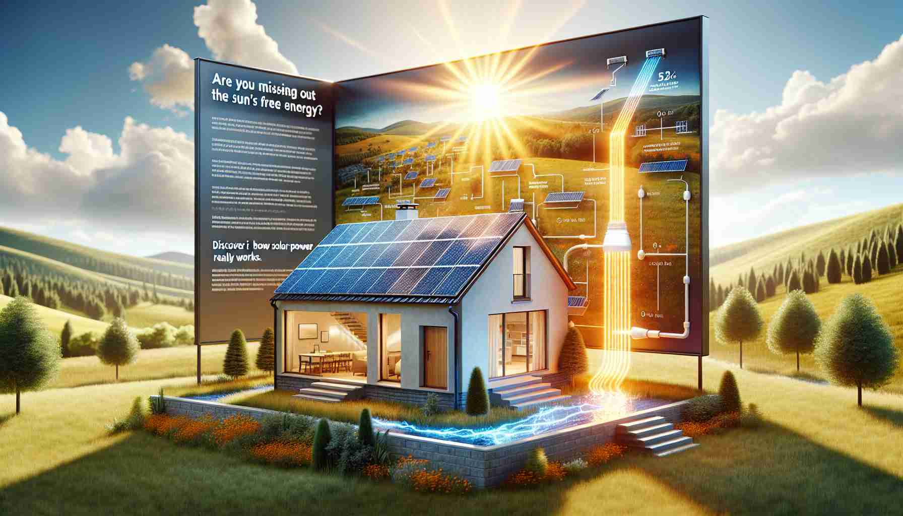 A high-definition, realistic presentation showcasing the sun's rays hitting a solar panel on the rooftop of a modern house, situated in a vibrant countryside landscape. The rays can be seen transforming into flowing electricity. Close by, an informational sign is visible, enlightening viewers on the mechanism of solar power generation, from the collection of sunlight to conversion into usable energy. The theme behind the image seems to question - Are You Missing Out on the Sun's Free Energy? Discover How Solar Power Really Works.