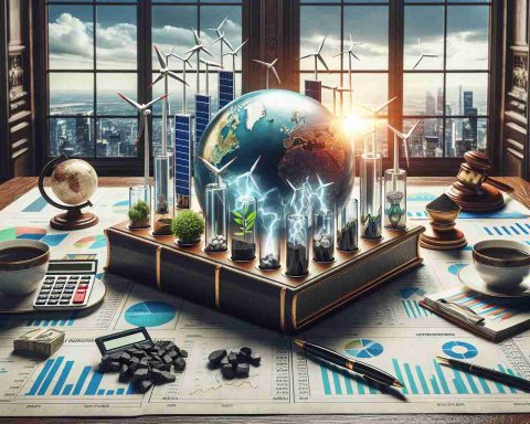 High-definition image of a metaphorical representation of unexpected shifts within an energy portfolio. This can be depicted as various symbols of renewable and non-renewable energy sources such as solar panels, wind turbines, coal, and oil, all on a classic wooden investor's desk with papers depicting different investment strategies. The desk can be in a lavish office with large windows overlooking a city skyline, indicating investment ventures. A cup of freshly brewed coffee, a calculator, and a crystal globe can further embellish the desk.