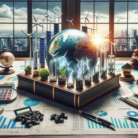 High-definition image of a metaphorical representation of unexpected shifts within an energy portfolio. This can be depicted as various symbols of renewable and non-renewable energy sources such as solar panels, wind turbines, coal, and oil, all on a classic wooden investor's desk with papers depicting different investment strategies. The desk can be in a lavish office with large windows overlooking a city skyline, indicating investment ventures. A cup of freshly brewed coffee, a calculator, and a crystal globe can further embellish the desk.