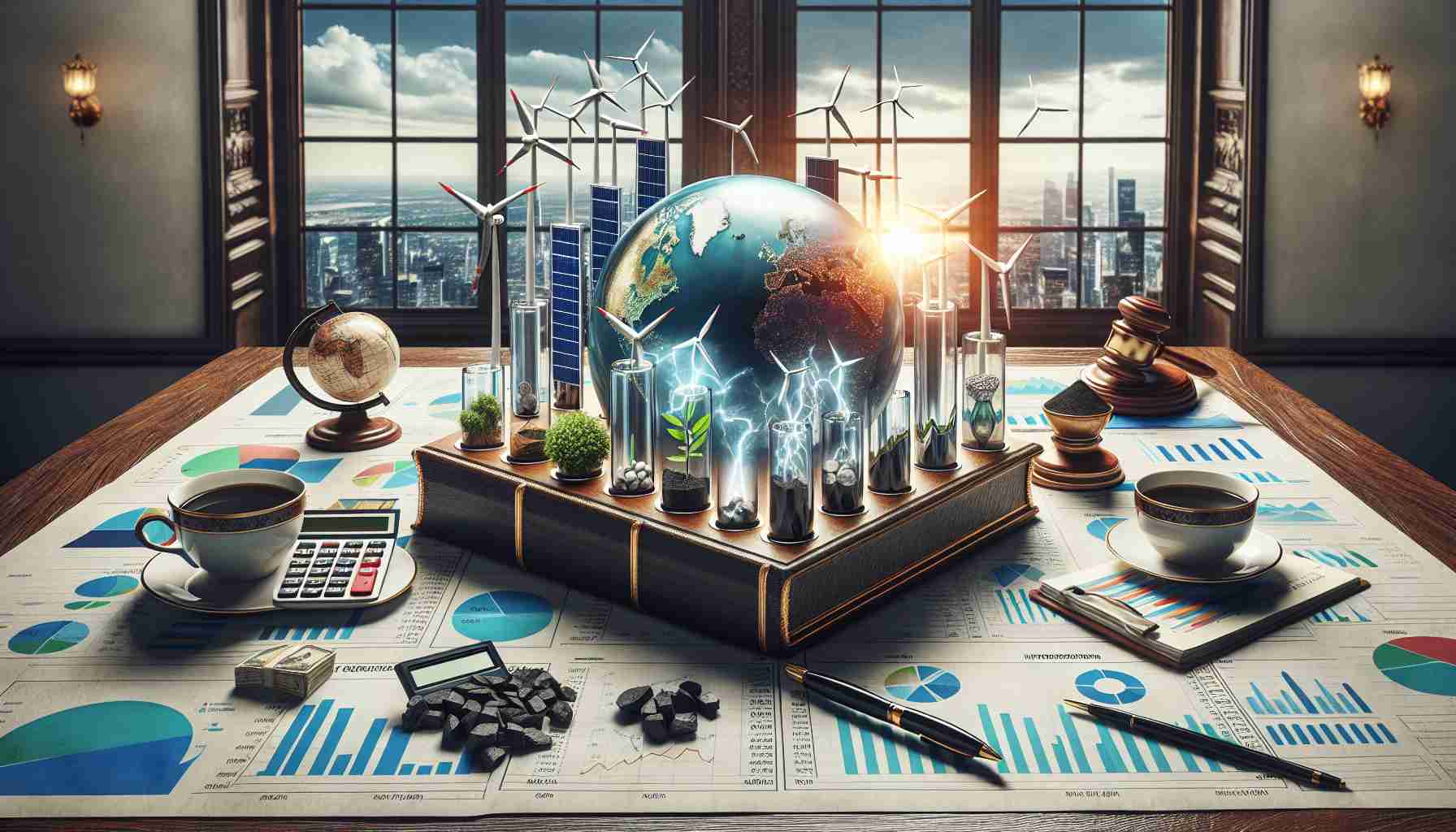 High-definition image of a metaphorical representation of unexpected shifts within an energy portfolio. This can be depicted as various symbols of renewable and non-renewable energy sources such as solar panels, wind turbines, coal, and oil, all on a classic wooden investor's desk with papers depicting different investment strategies. The desk can be in a lavish office with large windows overlooking a city skyline, indicating investment ventures. A cup of freshly brewed coffee, a calculator, and a crystal globe can further embellish the desk.