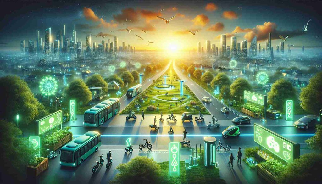 A high-definition image illustrating the future revolution of electric vehicles. Picture a sunrise on the horizon, casting a bright, hopeful glow against the backdrop of a verdant, environmentally-friendly city. Visible are various electric vehicles such as e-bikes, e-scooters, electric cars, and electric buses on the streets, showcasing a green future. This futuristic scene is accompanied by neon signs, charging stations, and eco-friendly infrastructure, embodying the green revolution. Inclusion of diverse pedestrians interacting with these facilities indicates a future where everyone is a part of this green change.