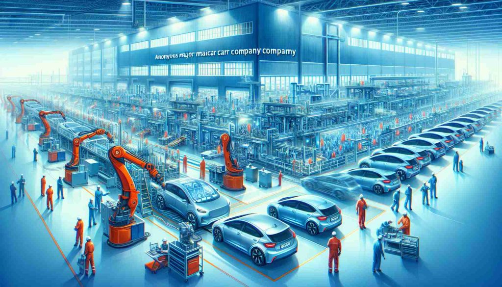 Visualize an illustrative scene showing the ambitious goals of an anonymous major car manufacturing company to uplift their electric vehicle production. The picture should be in high-definition and emanate a realistic vibe. It could depict automated assembly lines producing state-of-the-art electric cars, large facility buildings filled with advanced technology, engineers and workers of both genders and various descents in action executing plans, and electric cars which are in final stages ready to hit the roads. The factory should be bustling with activity, signifying high aspirations for EV production.