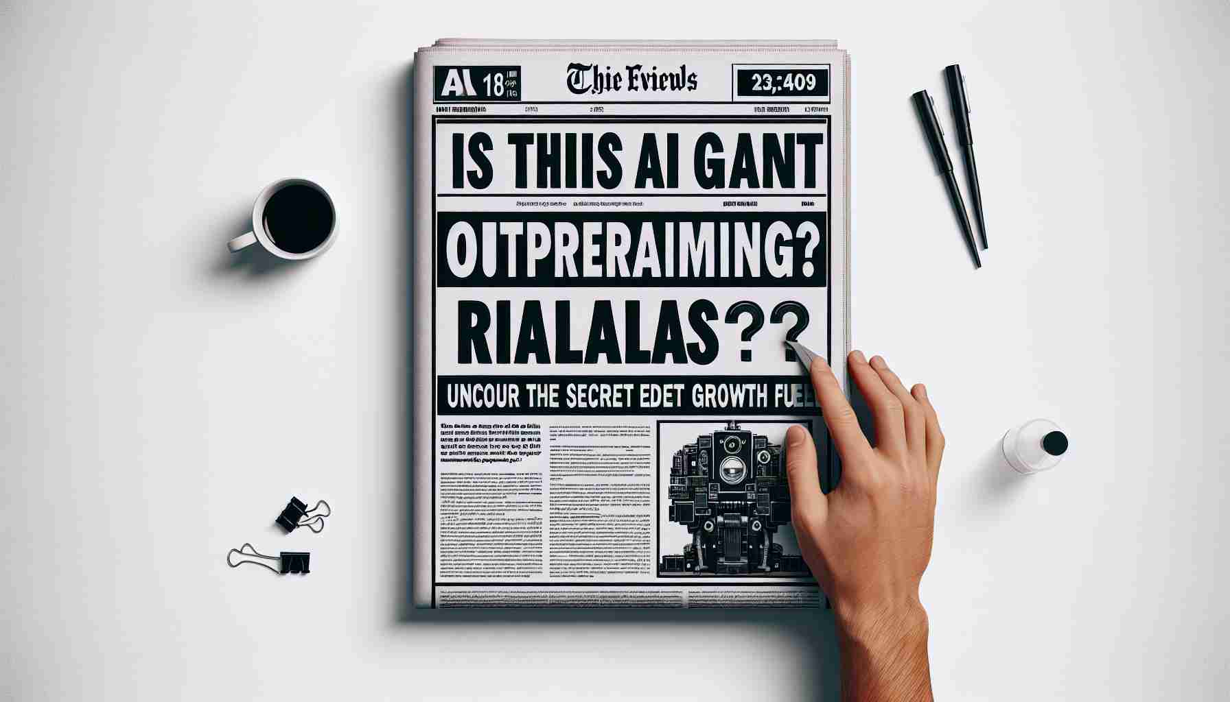 Generate a realistic HD photo of a newspaper headline that reads 'Is This AI Giant Outperforming Rivals? Uncover the Secret Growth Fuel'. The image should include the bold black text on a white newspaper, a picture related to AI, and the date and other newspaper elements.