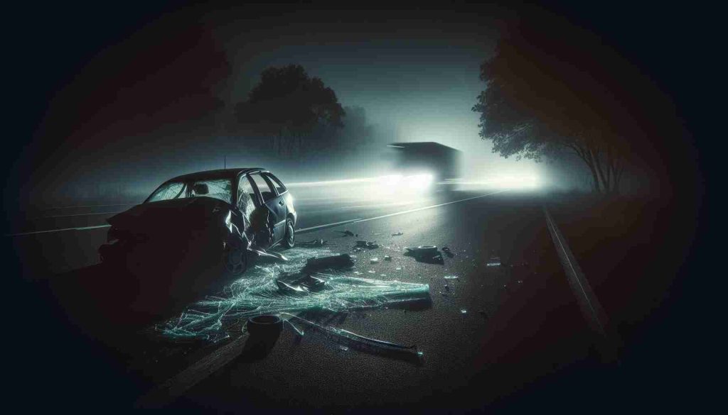 High-definition image of an unidentified vehicle involved in a late-night accident under the shroud of darkness. The scene depicts the aftermath, showcasing skid marks on the road, shattered glass, and faint headlights in the distance, all shrouded under the mystery of the uncanny evening.