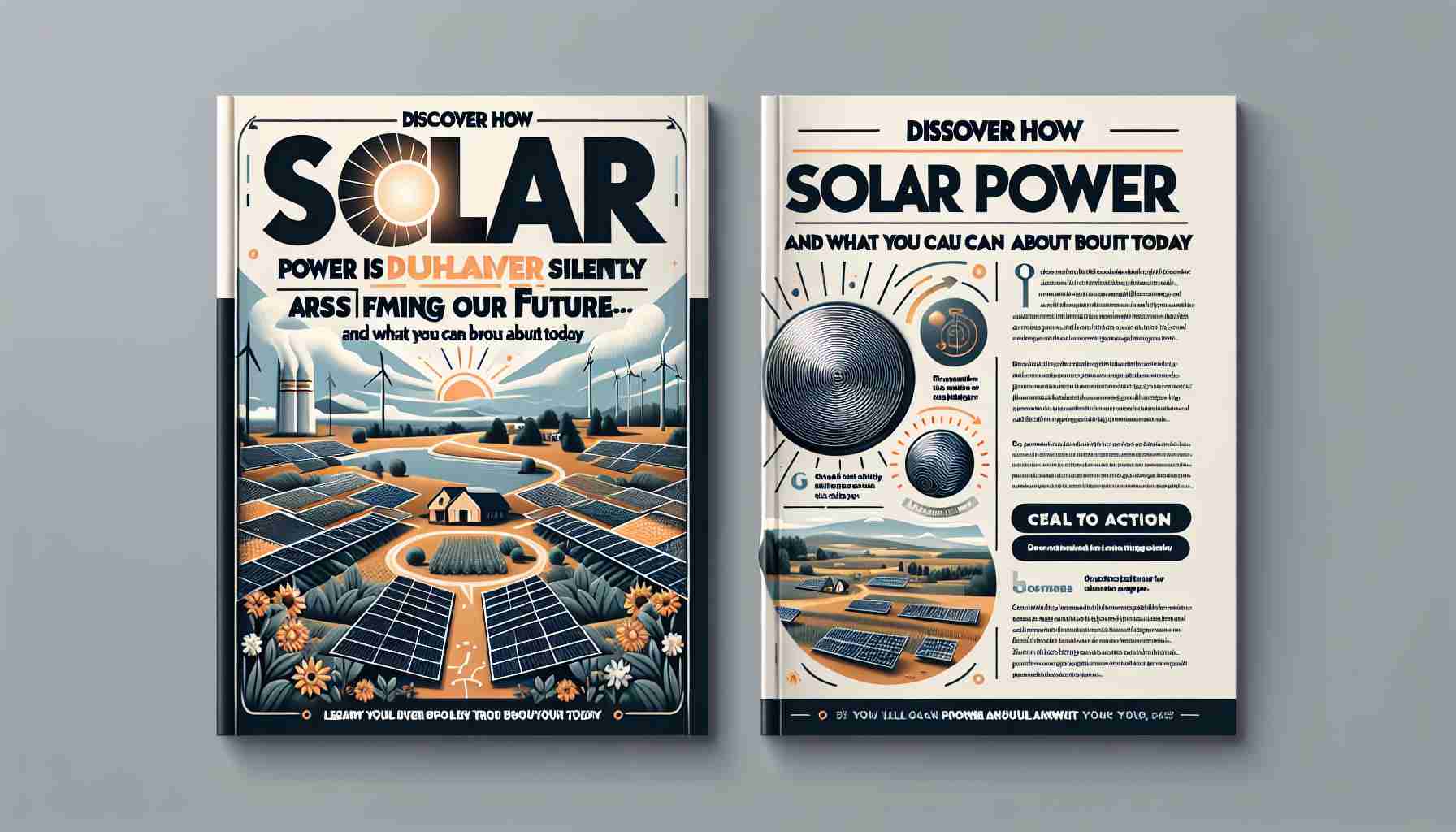 Design a realistic, high-definition image of the cover of a publication named 'Discover How Solar Power is Silently Transforming Our Future—And What You Can Do About It Today'. The cover should feature graphic elements related to solar power such as solar panels, the sun, and landscapes facilitated by solar energy. Include a compelling call to action, encouraging people to learn more about solar power and how they can contribute to its adoption today. The design should be clean, bold and inviting to illustrate the positive and transformative power of solar energy.