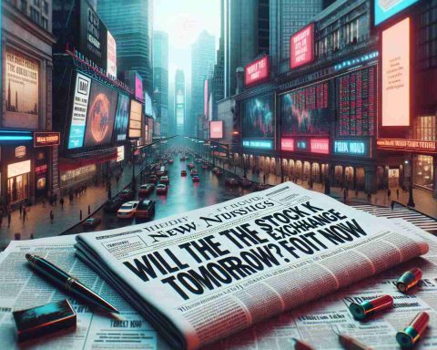 Generate a realistic HD photo of a newspaper front page with a headline saying 'Will the Stock Exchange Open Tomorrow? Find Out Now'