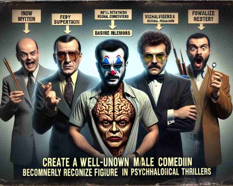 Create a realistic, high definition image illustrating the concept of a well-known male comedian becoming a widely recognized figure in psychological thrillers. Show elements suggesting mystery, suspense, and intrigue, and visualize viewers expressing fear and tension. Don't depict any specific real people, but instead show a male figure with characteristics typically associated with comedians and psychological thriller protagonists.