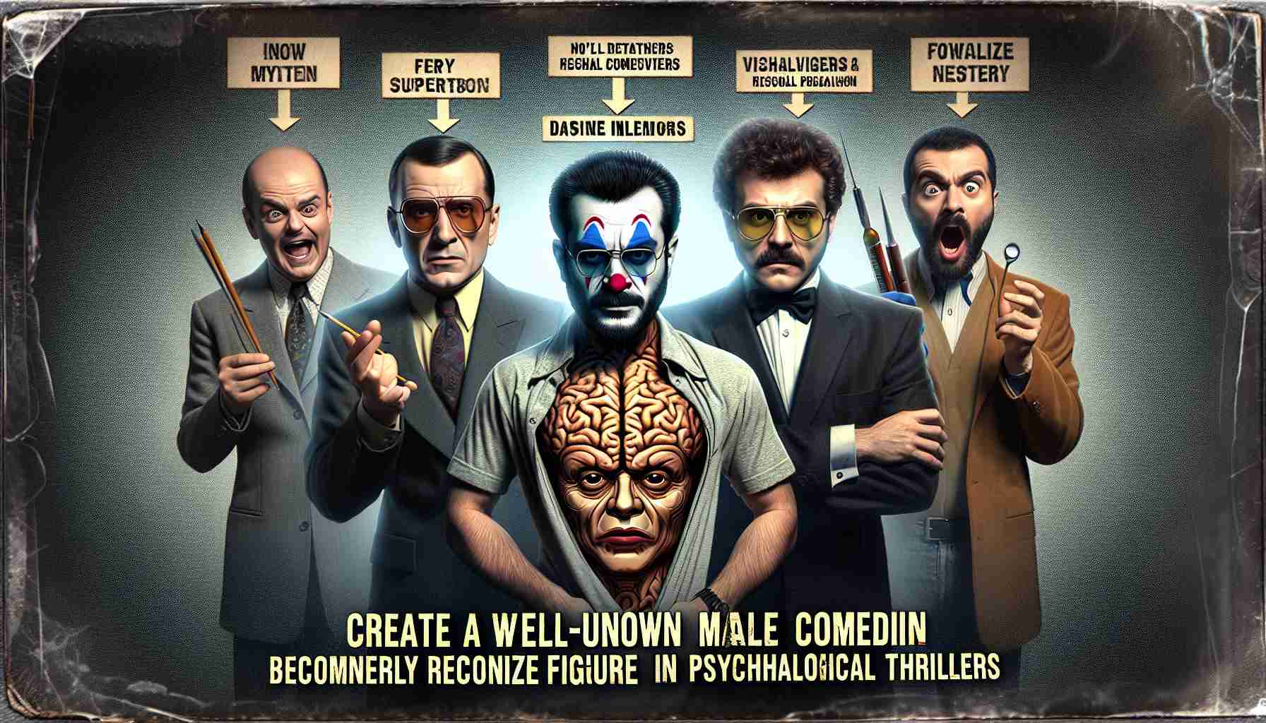 Create a realistic, high definition image illustrating the concept of a well-known male comedian becoming a widely recognized figure in psychological thrillers. Show elements suggesting mystery, suspense, and intrigue, and visualize viewers expressing fear and tension. Don't depict any specific real people, but instead show a male figure with characteristics typically associated with comedians and psychological thriller protagonists.