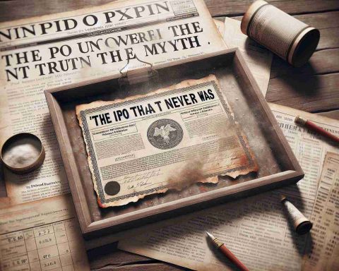 Create a realistic, high-definition image featuring a 'missed opportunity' theme. This could be embodied by an archaic, dust-covered stock certificate from an unidentified company, with an attached news headline caption that reads 'The IPO That Never Was: Uncovering the Truth Behind the Myth.' These items could be laid on an antique wooden table, perhaps surrounded by old newspapers and financial magazines depicting stock market trends.