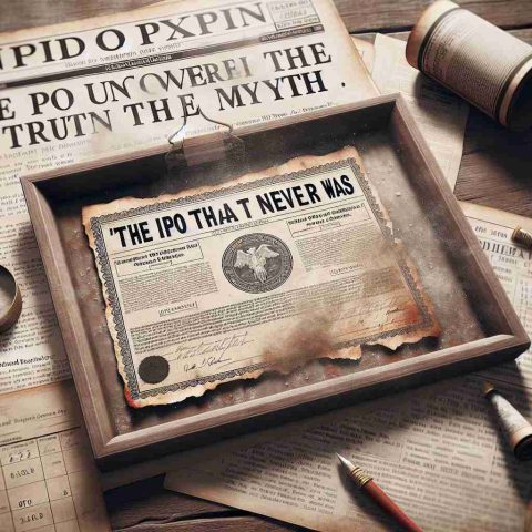 Create a realistic, high-definition image featuring a 'missed opportunity' theme. This could be embodied by an archaic, dust-covered stock certificate from an unidentified company, with an attached news headline caption that reads 'The IPO That Never Was: Uncovering the Truth Behind the Myth.' These items could be laid on an antique wooden table, perhaps surrounded by old newspapers and financial magazines depicting stock market trends.