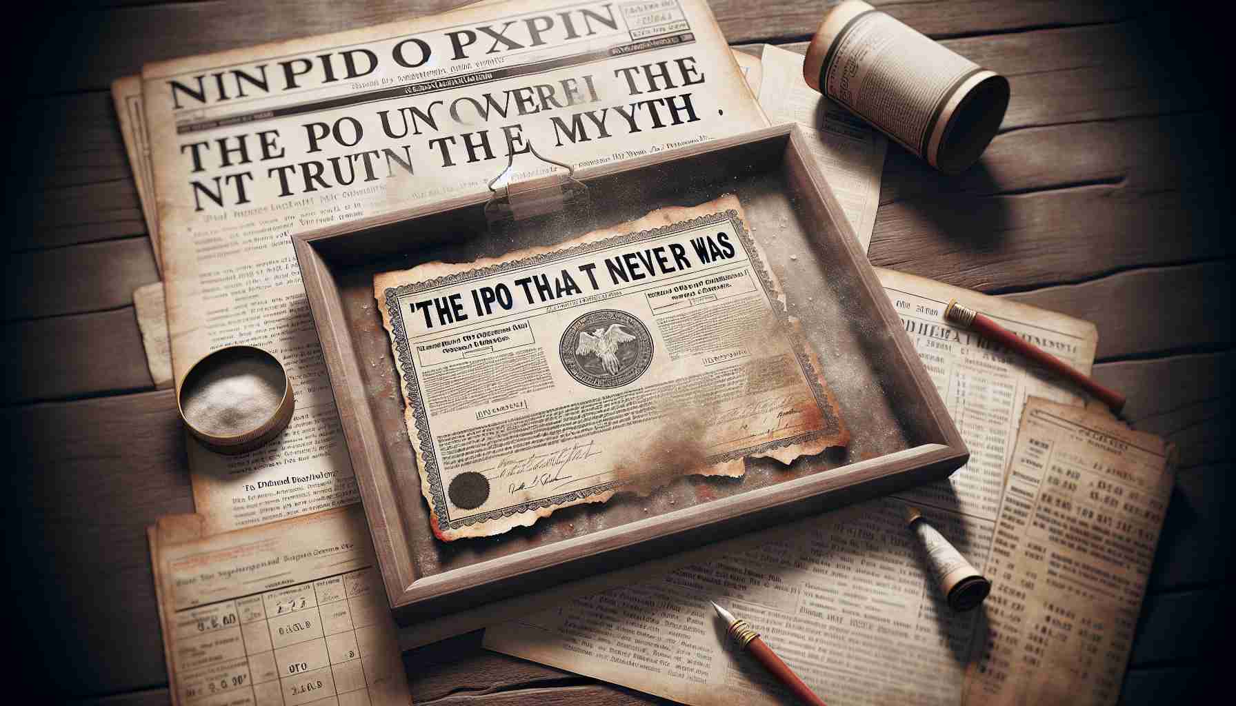 Create a realistic, high-definition image featuring a 'missed opportunity' theme. This could be embodied by an archaic, dust-covered stock certificate from an unidentified company, with an attached news headline caption that reads 'The IPO That Never Was: Uncovering the Truth Behind the Myth.' These items could be laid on an antique wooden table, perhaps surrounded by old newspapers and financial magazines depicting stock market trends.