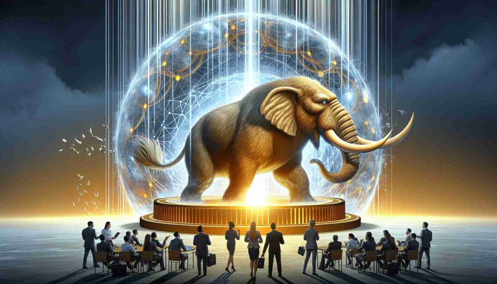 Illustrate a high-resolution, realistic image depicting a metaphorical scene where a mammoth in the form of a large, spherical energy source is dynamically moving towards a golden gateway labeled 'Tier 1 Status'. The mammoth radiates powerful light beams, symbolizing the global energy giant's strategic advancement. Please include a diverse array of individuals in the forefront, wearing corporate attire, displaying a variety of reactions - shock, awe, excitement - towards this monumental move.