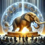 Illustrate a high-resolution, realistic image depicting a metaphorical scene where a mammoth in the form of a large, spherical energy source is dynamically moving towards a golden gateway labeled 'Tier 1 Status'. The mammoth radiates powerful light beams, symbolizing the global energy giant's strategic advancement. Please include a diverse array of individuals in the forefront, wearing corporate attire, displaying a variety of reactions - shock, awe, excitement - towards this monumental move.