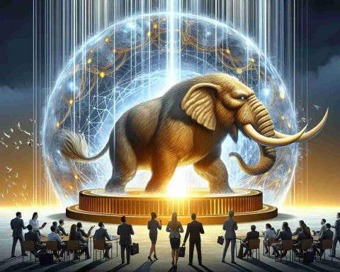 Illustrate a high-resolution, realistic image depicting a metaphorical scene where a mammoth in the form of a large, spherical energy source is dynamically moving towards a golden gateway labeled 'Tier 1 Status'. The mammoth radiates powerful light beams, symbolizing the global energy giant's strategic advancement. Please include a diverse array of individuals in the forefront, wearing corporate attire, displaying a variety of reactions - shock, awe, excitement - towards this monumental move.