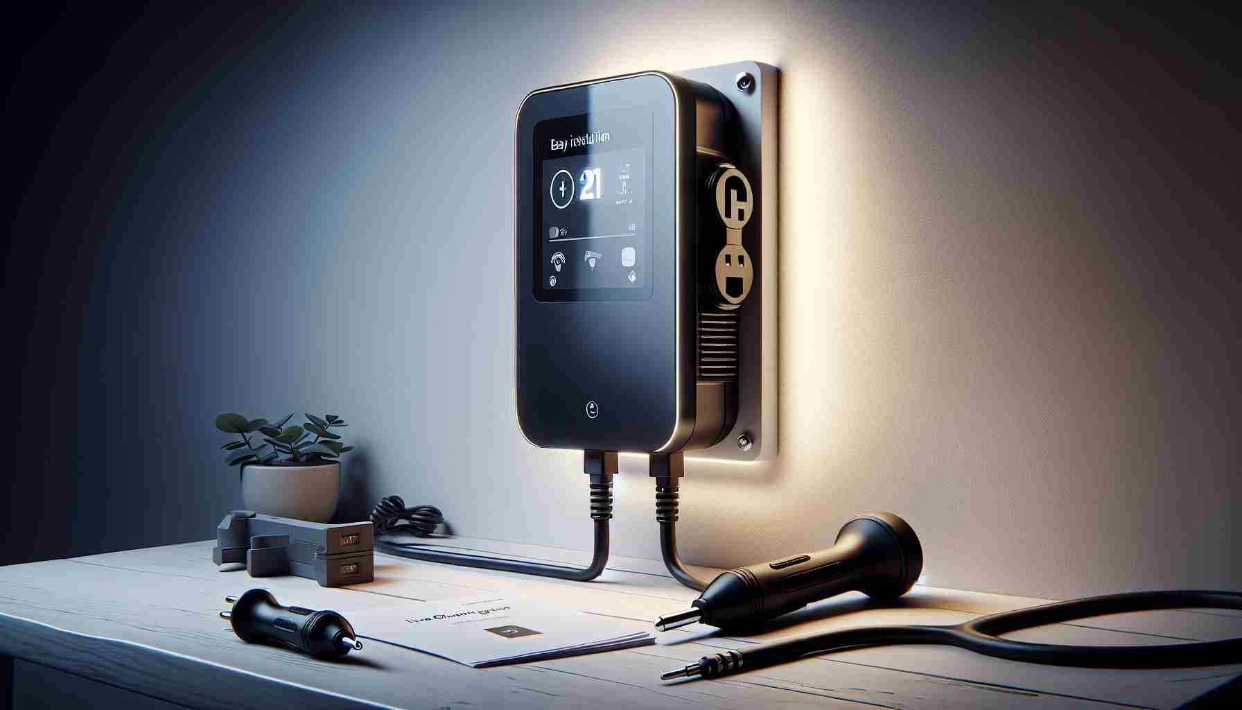 A stunningly realistic, high-definition image of a innovative home charging station offering easy installation. The device is sleek, wall-mounted, and features a modern design. It is surrounded by tools indicative of a simple installation, such as a screwdriver and small, user-friendly manual. The ambiance around is calm and serene, representing the peace of mind that comes with an effortless, convenient charging solution for electric appliances and vehicles.