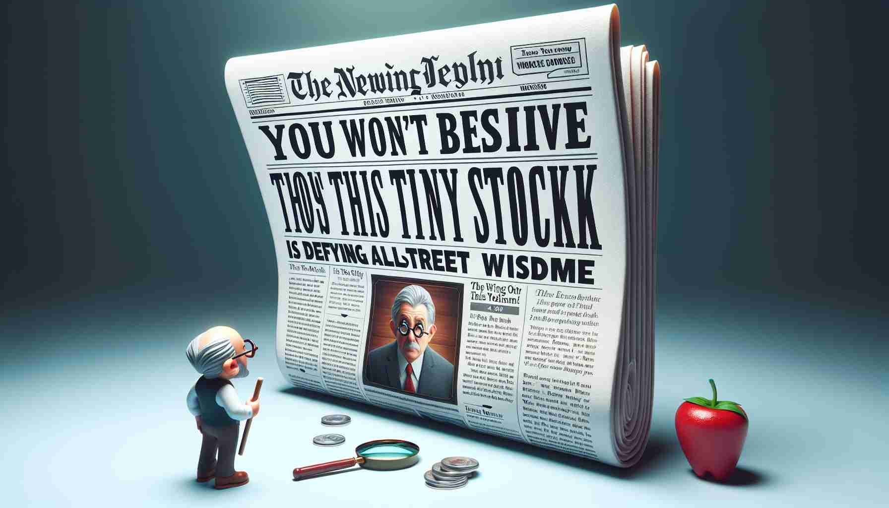 A realistic high-definition representation of a newspaper headline that reads 'You Won't Believe How This Tiny Stock Is Defying Wall Street Wisdom'