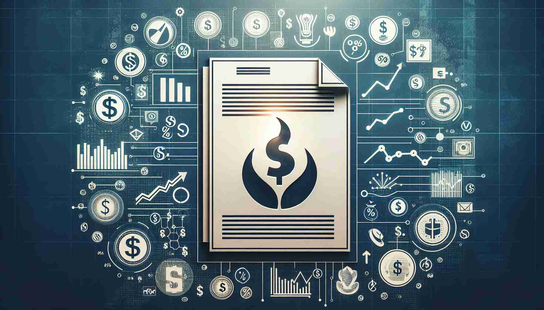 An image showcasing a conceptual representation of surprise and intrigue, centering around financial services. It features a document with the recognizable logo of an unspecified investment advice company. The document is surrounded by symbols and icons associated with financial growth and investment, such as dollar signs, percentage signs, stock market graphs, and images of coins or bills.