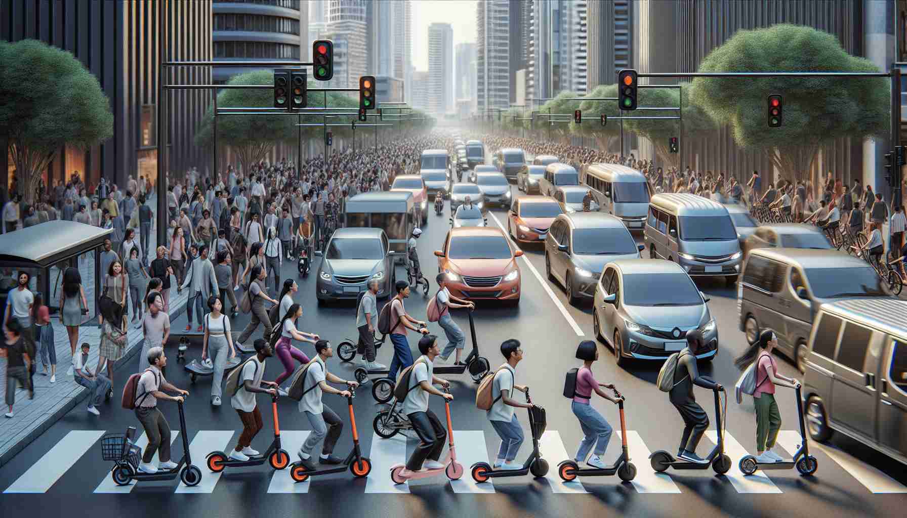 Produce a realistic high-definition image portraying the phenomenon of urban mobility revolution through electric two-wheelers. Depict a bustling city street where diverse citizens of different descents such as Black, Caucasian, Hispanic, South Asian and Middle Eastern are commute using a variety of electric two-wheelers like e-bikes and electric scooters. Show the electric vehicles gliding past traditional vehicles stuck in a jam, highlighting the efficiency and eco-friendliness of this new mode of transport.