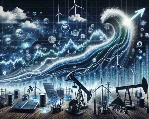 An exceptionally detailed and high-resolution image that captures the metaphorical portrayal of a significant surge in the energy sector. The concept is to visualize a robust stock market chart with upward-trending lines, symbolizing the boom. Additionally, include some energy symbols such as wind turbines, solar panels, or oil pumps scattered across as a representational backdrop. The surge should be incorporated into the image in the form of a wave, emphasizing the idea of 'creating waves'. The overall mood of the image should feel optimistic, powerful, and forward-looking.