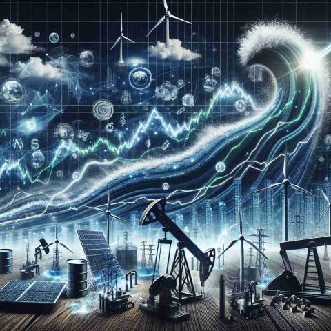 An exceptionally detailed and high-resolution image that captures the metaphorical portrayal of a significant surge in the energy sector. The concept is to visualize a robust stock market chart with upward-trending lines, symbolizing the boom. Additionally, include some energy symbols such as wind turbines, solar panels, or oil pumps scattered across as a representational backdrop. The surge should be incorporated into the image in the form of a wave, emphasizing the idea of 'creating waves'. The overall mood of the image should feel optimistic, powerful, and forward-looking.