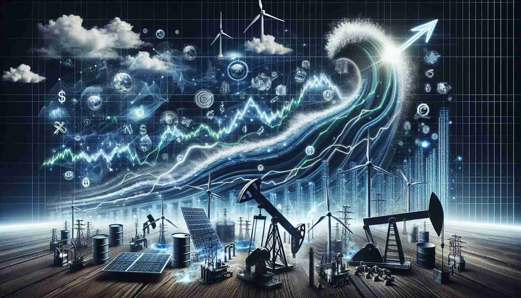 An exceptionally detailed and high-resolution image that captures the metaphorical portrayal of a significant surge in the energy sector. The concept is to visualize a robust stock market chart with upward-trending lines, symbolizing the boom. Additionally, include some energy symbols such as wind turbines, solar panels, or oil pumps scattered across as a representational backdrop. The surge should be incorporated into the image in the form of a wave, emphasizing the idea of 'creating waves'. The overall mood of the image should feel optimistic, powerful, and forward-looking.