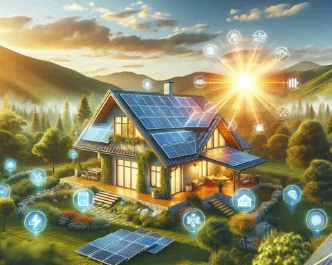 Create a realistic, high-quality digital image representing an idyllic home with solar panels on its roof, situated amidst beautiful natural surroundings. The rays of the sun are hitting the solar panels, symbolizing the transfer of solar energy into electricity. A few banners and labels floating around the home elaborately highlighting the benefits of the solar power - environmental sustainability, lower electricity bills, independent power generation, and increasing property value.