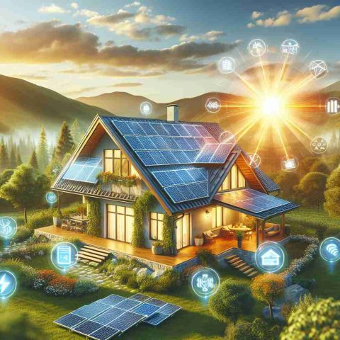 Create a realistic, high-quality digital image representing an idyllic home with solar panels on its roof, situated amidst beautiful natural surroundings. The rays of the sun are hitting the solar panels, symbolizing the transfer of solar energy into electricity. A few banners and labels floating around the home elaborately highlighting the benefits of the solar power - environmental sustainability, lower electricity bills, independent power generation, and increasing property value.