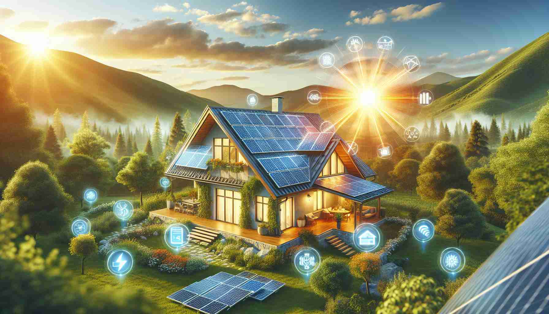 Create a realistic, high-quality digital image representing an idyllic home with solar panels on its roof, situated amidst beautiful natural surroundings. The rays of the sun are hitting the solar panels, symbolizing the transfer of solar energy into electricity. A few banners and labels floating around the home elaborately highlighting the benefits of the solar power - environmental sustainability, lower electricity bills, independent power generation, and increasing property value.