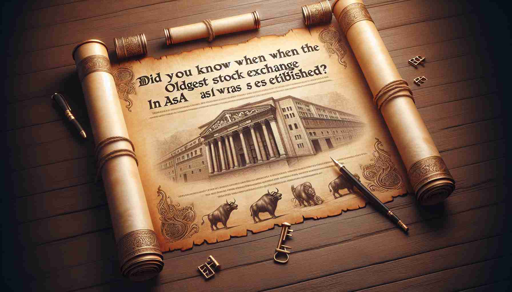 Create a high-definition, realistic image of an aged scroll paper background with text written on it saying 'Did You Know When the Oldest Stock Exchange in Asia Was Established?'