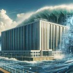 Create a realistically detailed, high-definition image of a large, futuristic technology corporation building with a large wave, symbolizing artificial intelligence, approaching it. The name 'Tech Giant' is clearly visible on the building. The wave appears intelligent with symbols and codes signifying AI swirling within it. The tone of the image hints towards a successful ride over the challenging wave.