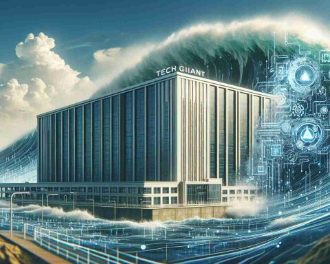 Create a realistically detailed, high-definition image of a large, futuristic technology corporation building with a large wave, symbolizing artificial intelligence, approaching it. The name 'Tech Giant' is clearly visible on the building. The wave appears intelligent with symbols and codes signifying AI swirling within it. The tone of the image hints towards a successful ride over the challenging wave.