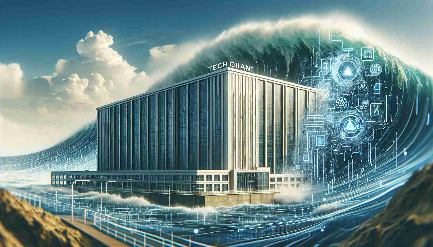 Create a realistically detailed, high-definition image of a large, futuristic technology corporation building with a large wave, symbolizing artificial intelligence, approaching it. The name 'Tech Giant' is clearly visible on the building. The wave appears intelligent with symbols and codes signifying AI swirling within it. The tone of the image hints towards a successful ride over the challenging wave.