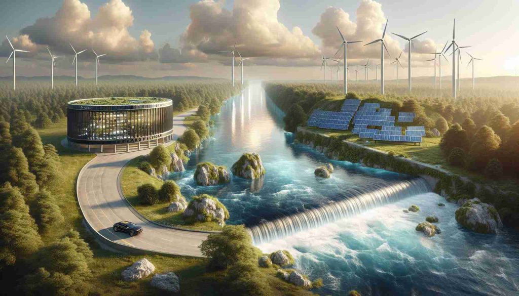 Create a realistic high-definition image of an innovative energy solution at a generic ford. The scene should depict a landscape with a babbling river cutting through and a stylish, state-of-the-art energy facility standing nearby. The facility should represent cutting-edge innovation in energy solutions, featuring solar panels, wind turbines, and other sustainable energy infrastructures. The river ford adds an element of contrast, with its soothing waterflows and lush greenery. It's a blend of unspoiled nature and progressive human endeavor.