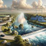 Create a realistic high-definition image of an innovative energy solution at a generic ford. The scene should depict a landscape with a babbling river cutting through and a stylish, state-of-the-art energy facility standing nearby. The facility should represent cutting-edge innovation in energy solutions, featuring solar panels, wind turbines, and other sustainable energy infrastructures. The river ford adds an element of contrast, with its soothing waterflows and lush greenery. It's a blend of unspoiled nature and progressive human endeavor.