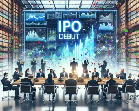 A high-definition, realistic image representing the story behind the initial public offering debut of a generic financial company. The image includes elements like stock charts, corporate executives in a boardroom, a celebratory atmosphere with colorful confetti, and a banner reading 'IPO Debut'.