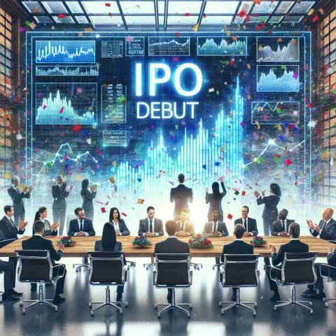 A high-definition, realistic image representing the story behind the initial public offering debut of a generic financial company. The image includes elements like stock charts, corporate executives in a boardroom, a celebratory atmosphere with colorful confetti, and a banner reading 'IPO Debut'.