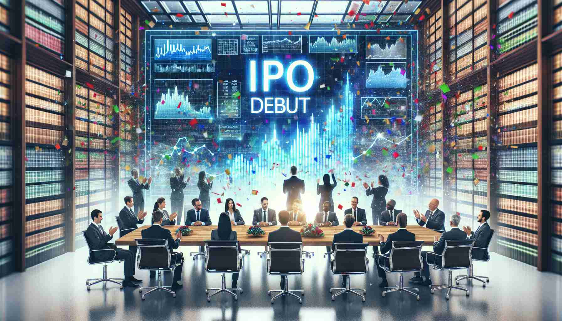 A high-definition, realistic image representing the story behind the initial public offering debut of a generic financial company. The image includes elements like stock charts, corporate executives in a boardroom, a celebratory atmosphere with colorful confetti, and a banner reading 'IPO Debut'.