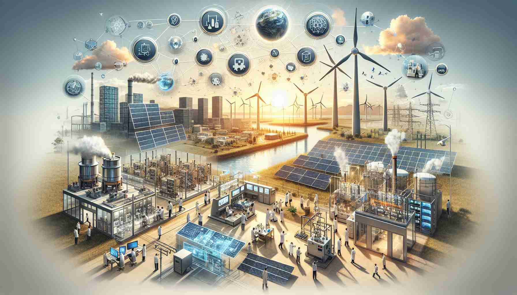 Imagine a high-definition, realistic illustration of the advanced innovations in the energy sector. This image could depict components of a smart grid, showcasing internet-connected devices that gather and analyze real-time energy data. There could be images of wind turbines, solar panels, and hydroelectric plants, symbolizing renewable energy sources. Also consider including research laboratories where scientific insights and technological breakthroughs are uncovered. This picture could also encompass people from a diverse array of descents and genders, like Middle-Eastern male researchers, South Asian and Hispanic female scientists, all diligently working towards revolutionizing the energy sector.