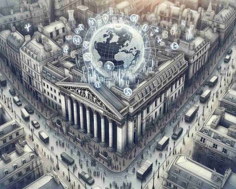 An intricately detailed, HD picture of the London Stock Exchange building. It is presented as the heart of global finance symbolically, with signs of international trade, such as currency symbols, stock tickers, and a globe, appearing to weave in and out of the architecture. The iconic structure rests at the center of an intricate network of lines, representing the global connections of trade and finance that intersect at this pivotal hub. Streets surrounding the building bustle with energy and people of different genders and descents engaged in financial activities.