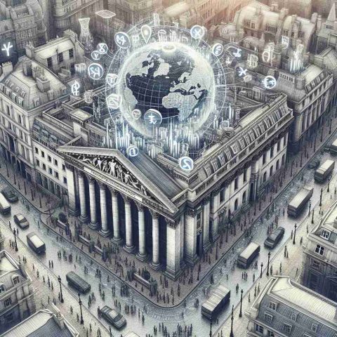 An intricately detailed, HD picture of the London Stock Exchange building. It is presented as the heart of global finance symbolically, with signs of international trade, such as currency symbols, stock tickers, and a globe, appearing to weave in and out of the architecture. The iconic structure rests at the center of an intricate network of lines, representing the global connections of trade and finance that intersect at this pivotal hub. Streets surrounding the building bustle with energy and people of different genders and descents engaged in financial activities.