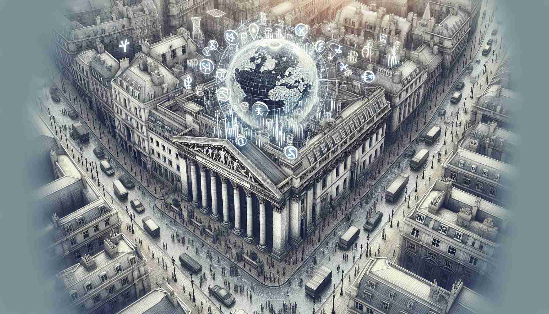 An intricately detailed, HD picture of the London Stock Exchange building. It is presented as the heart of global finance symbolically, with signs of international trade, such as currency symbols, stock tickers, and a globe, appearing to weave in and out of the architecture. The iconic structure rests at the center of an intricate network of lines, representing the global connections of trade and finance that intersect at this pivotal hub. Streets surrounding the building bustle with energy and people of different genders and descents engaged in financial activities.